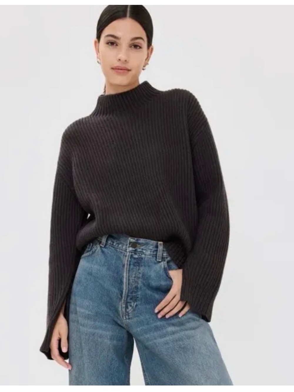TWP Macie Wool Rib-Knit Zip-Cuff Chocolate Sweater